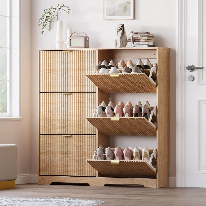 Large Shoe Cabinet for Entryway, Tall Narrow Shoe  Natural Oak - front view