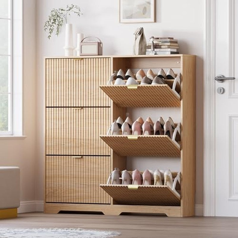 Large Shoe Cabinet for Entryway, Tall Narrow Shoe  Natural Oak - side angle