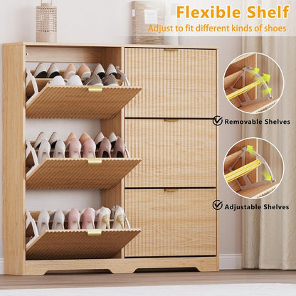 Large Shoe Cabinet for Entryway, Tall Narrow Shoe  Natural Oak - fabric and fit