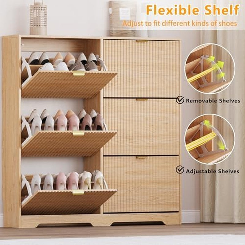 Large Shoe Cabinet for Entryway, Tall Narrow Shoe  Natural Oak - back view