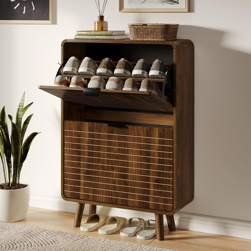 Fluted Shoe Cabinet for Entryway with 2 Flip Drawe Walnut - front view