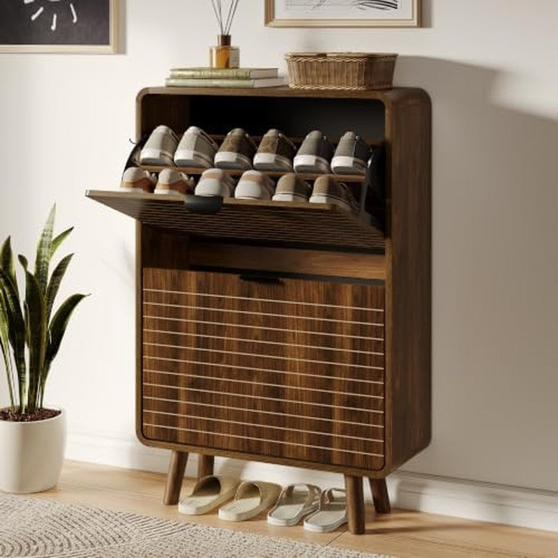 Fluted Shoe Cabinet for Entryway with 2 Flip Drawe Walnut - side angle