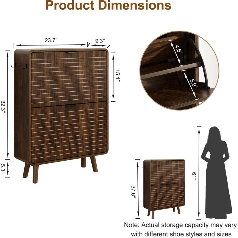 Fluted Shoe Cabinet for Entryway with 2 Flip Drawe Walnut - detail close-up