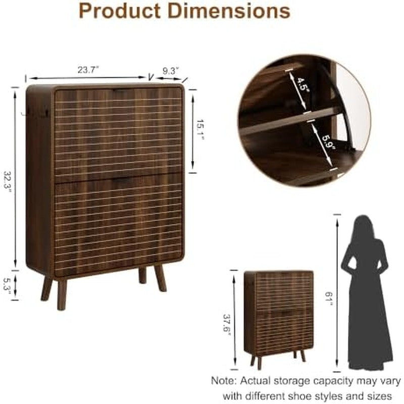 Fluted Shoe Cabinet for Entryway with 2 Flip Drawe Walnut - in use