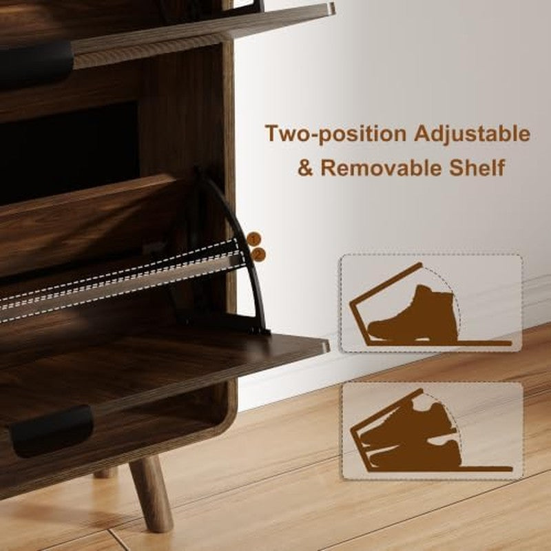 Fluted Shoe Cabinet for Entryway with 2 Flip Drawe Walnut - back view