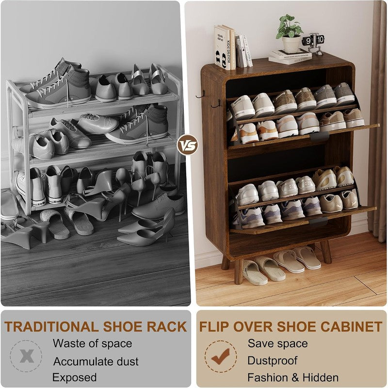 Fluted Shoe Cabinet for Entryway with 2 Flip Drawe Walnut - lifestyle look