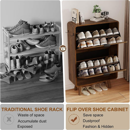 Fluted Shoe Cabinet for Entryway with 2 Flip Drawe Walnut - lifestyle look