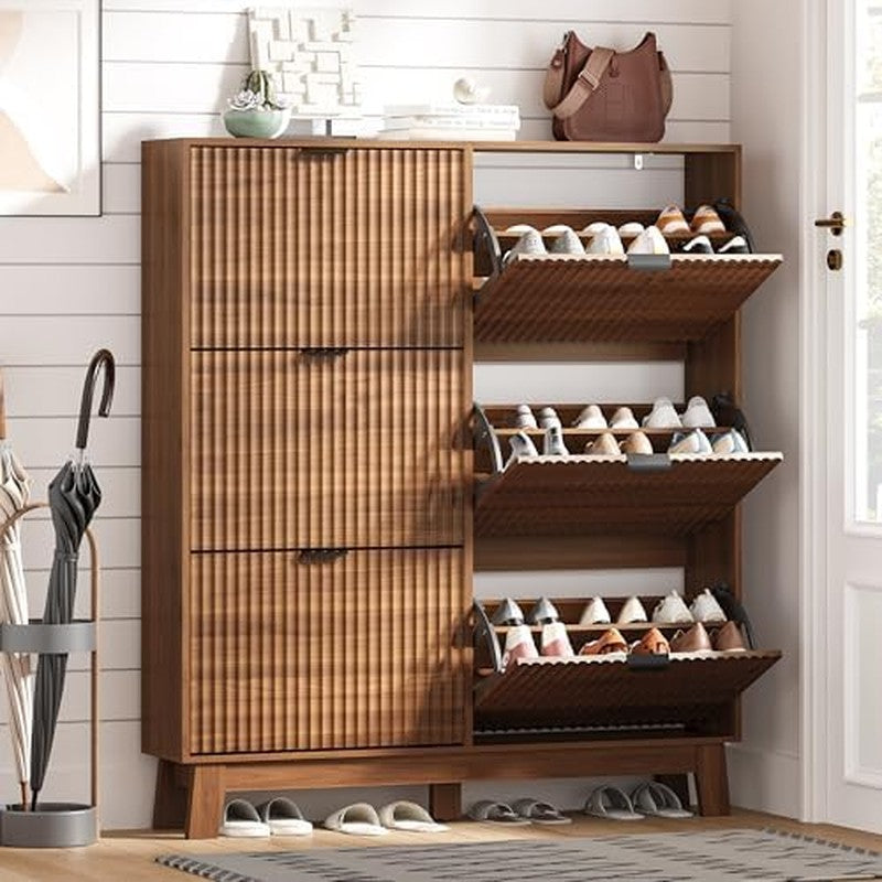 Shoe Cabinet Storage for Entryway with 6 Flip Draw Walnut - side angle