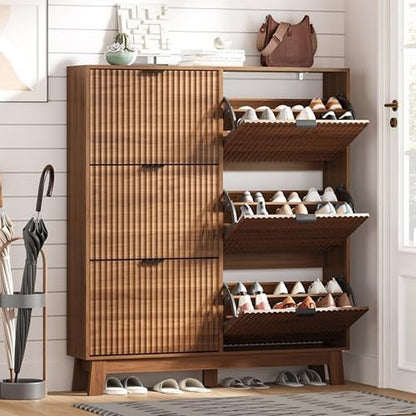 Shoe Cabinet Storage for Entryway with 6 Flip Draw Walnut - side angle