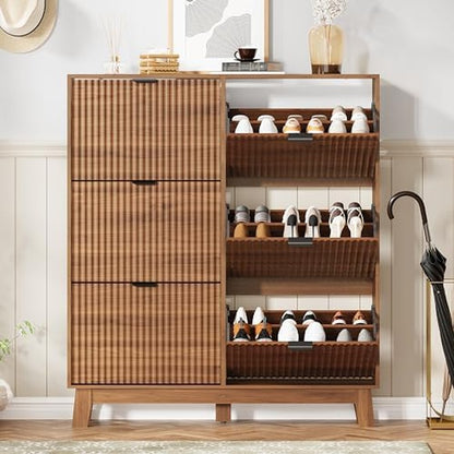 Shoe Cabinet Storage for Entryway with 6 Flip Draw Walnut - back view