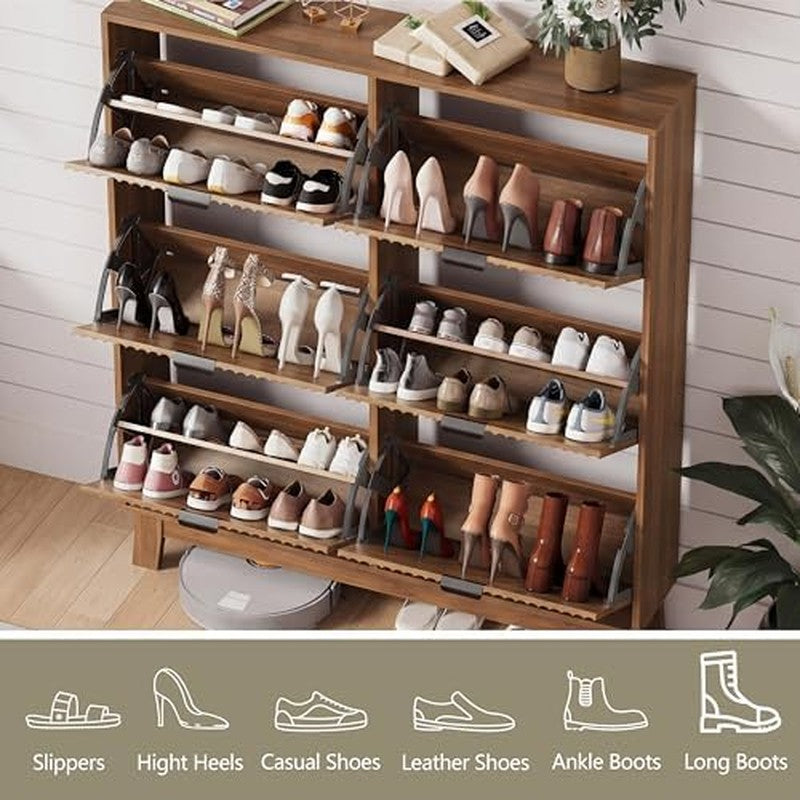 Shoe Cabinet Storage for Entryway with 6 Flip Draw Walnut - color detail