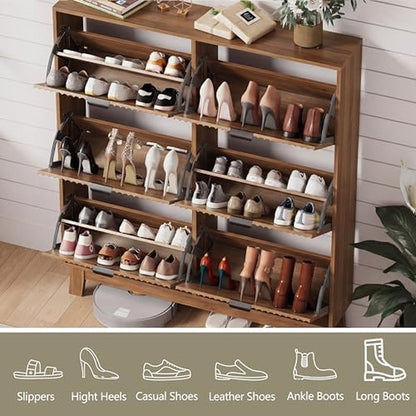 Shoe Cabinet Storage for Entryway with 6 Flip Draw Walnut - color detail