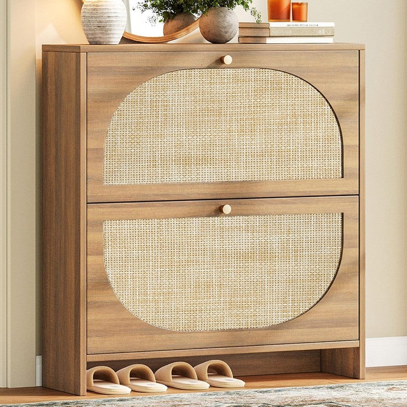 Rattan Shoe Cabinet with 2 Flip Drawers, Arched Ac Caramel Walnut - front view