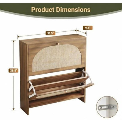 Rattan Shoe Cabinet with 2 Flip Drawers, Arched Ac Caramel Walnut - in use