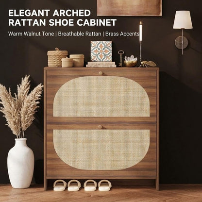 Rattan Shoe Cabinet with 2 Flip Drawers, Arched Ac Caramel Walnut - fabric and fit