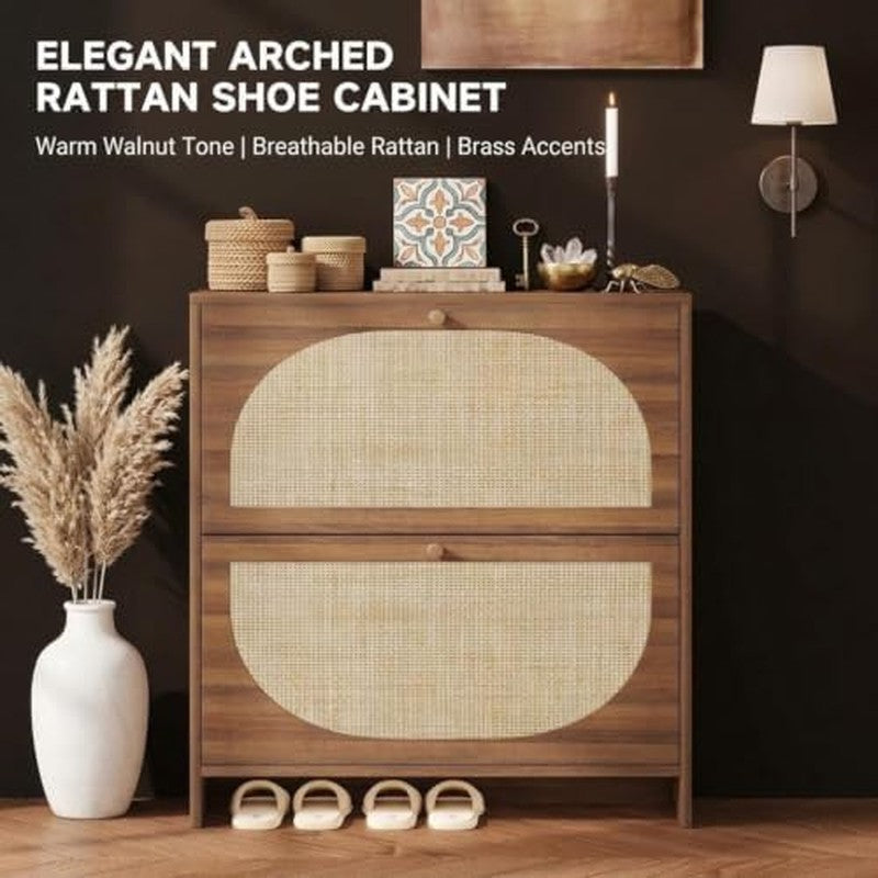 Rattan Shoe Cabinet with 2 Flip Drawers, Arched Ac Caramel Walnut - back view