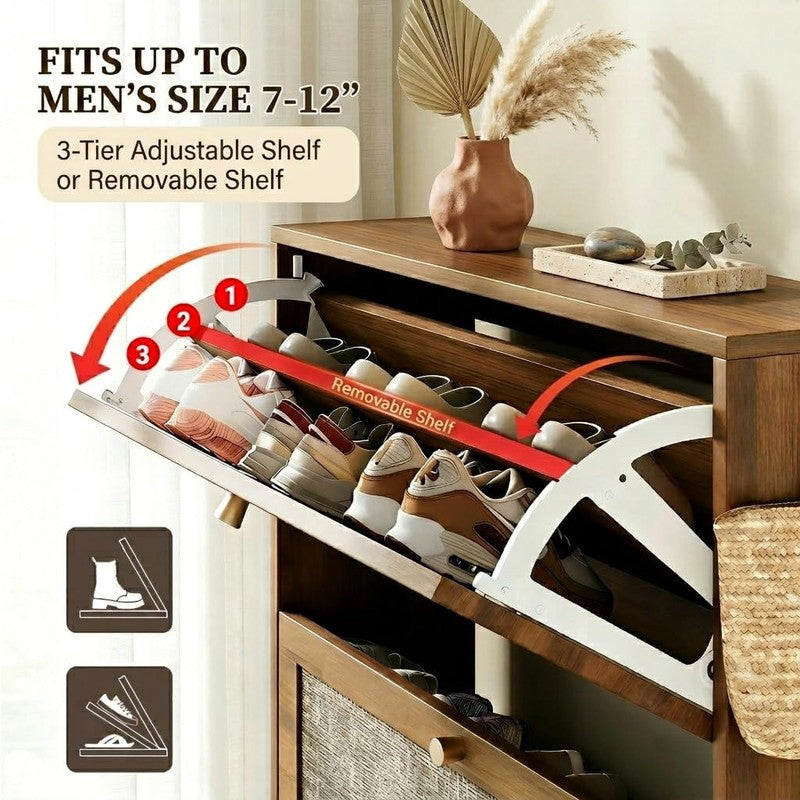 Rattan Shoe Cabinet with 2 Flip Drawers, Arched Ac Caramel Walnut - lifestyle look